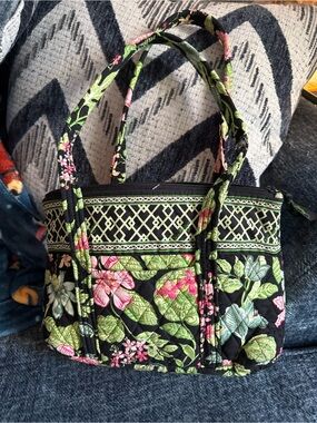 Vera Bradley Black Quilted Tote with Pink and Green Floral Print